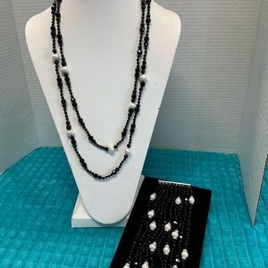 Genuine Pearl & Black beaded wrap necklace &  10 strand matching bracelet